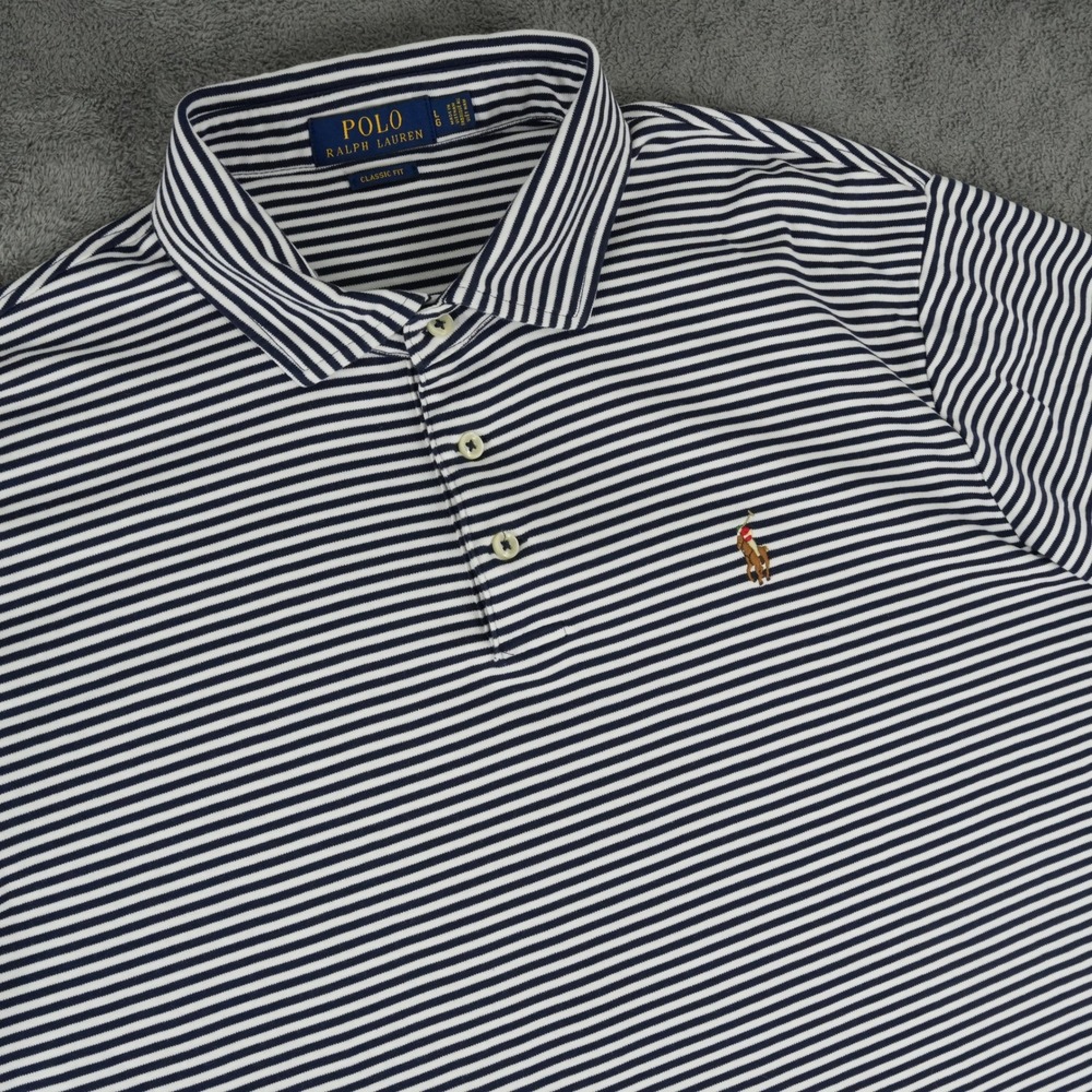 Polo Ralph Lauren Polo Shirt Men Large Blue White Striped Classic Fit Cotton - Picture 1 of 8